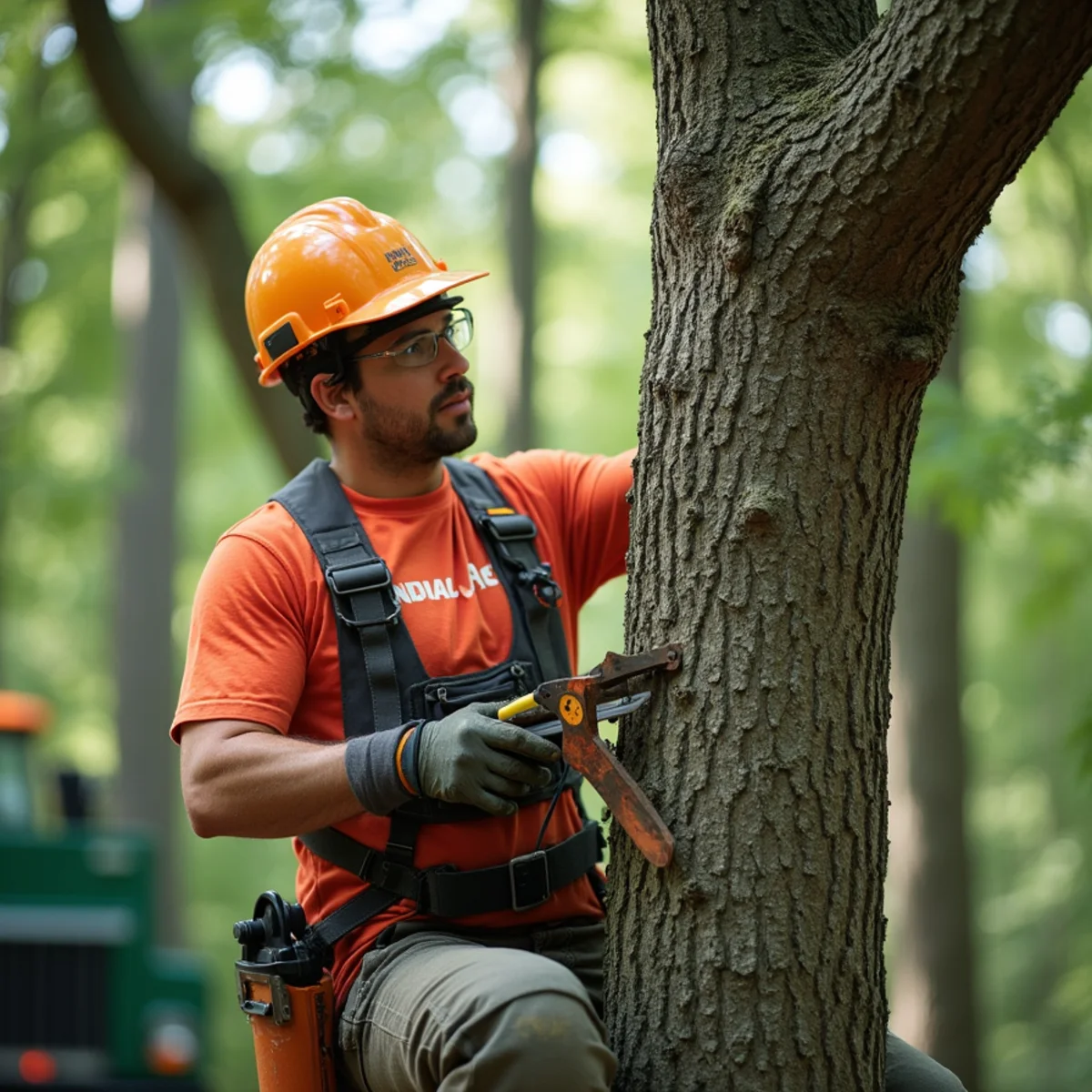 Arborist making a proper pruning cut at the branch collar of an Atlanta hardwood