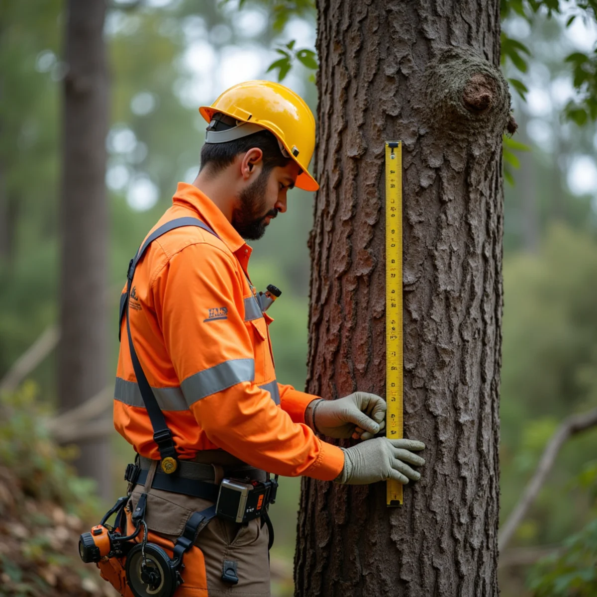 An arborist measuring the diameter of a tree trunk at breast height in Atlanta