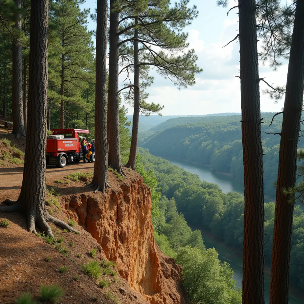 Tall pines on a steep eroding bluff above the Chattahoochee River near Atlanta