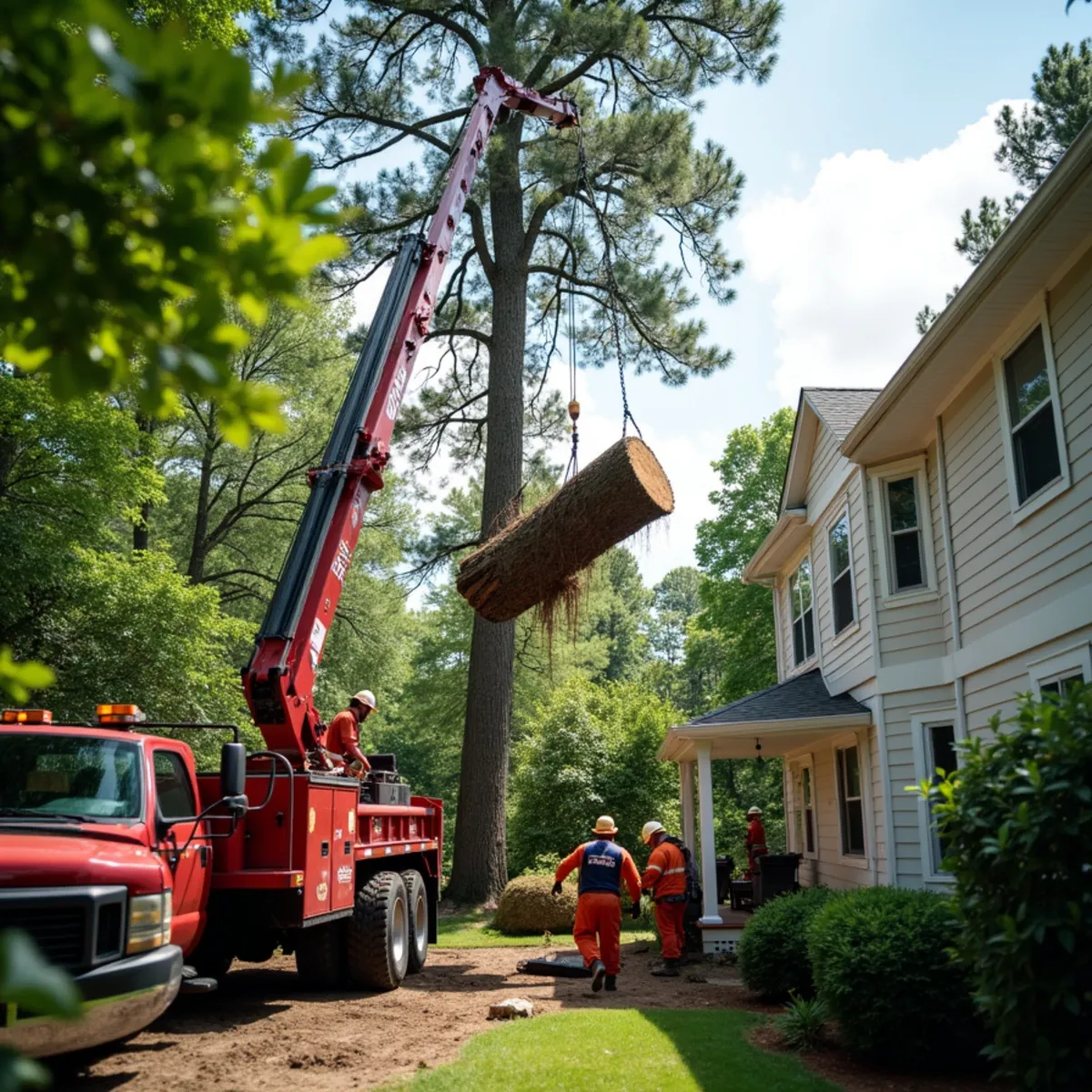 A crane lifting a large tree section out of a tight Atlanta backyard over a house