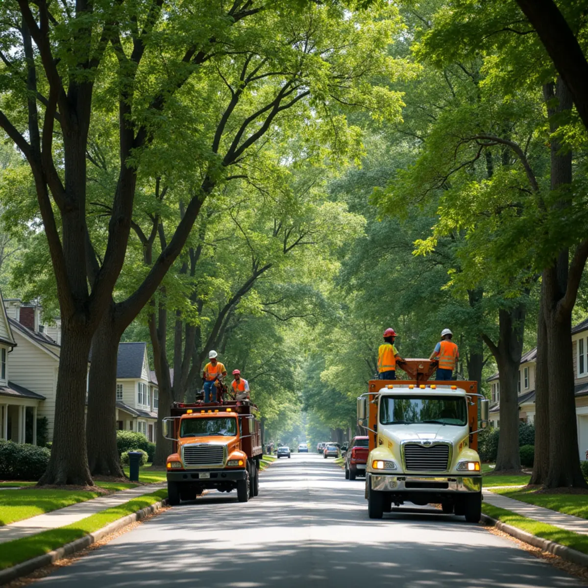 A tree-lined HOA community street in metro Atlanta with a mature canopy
