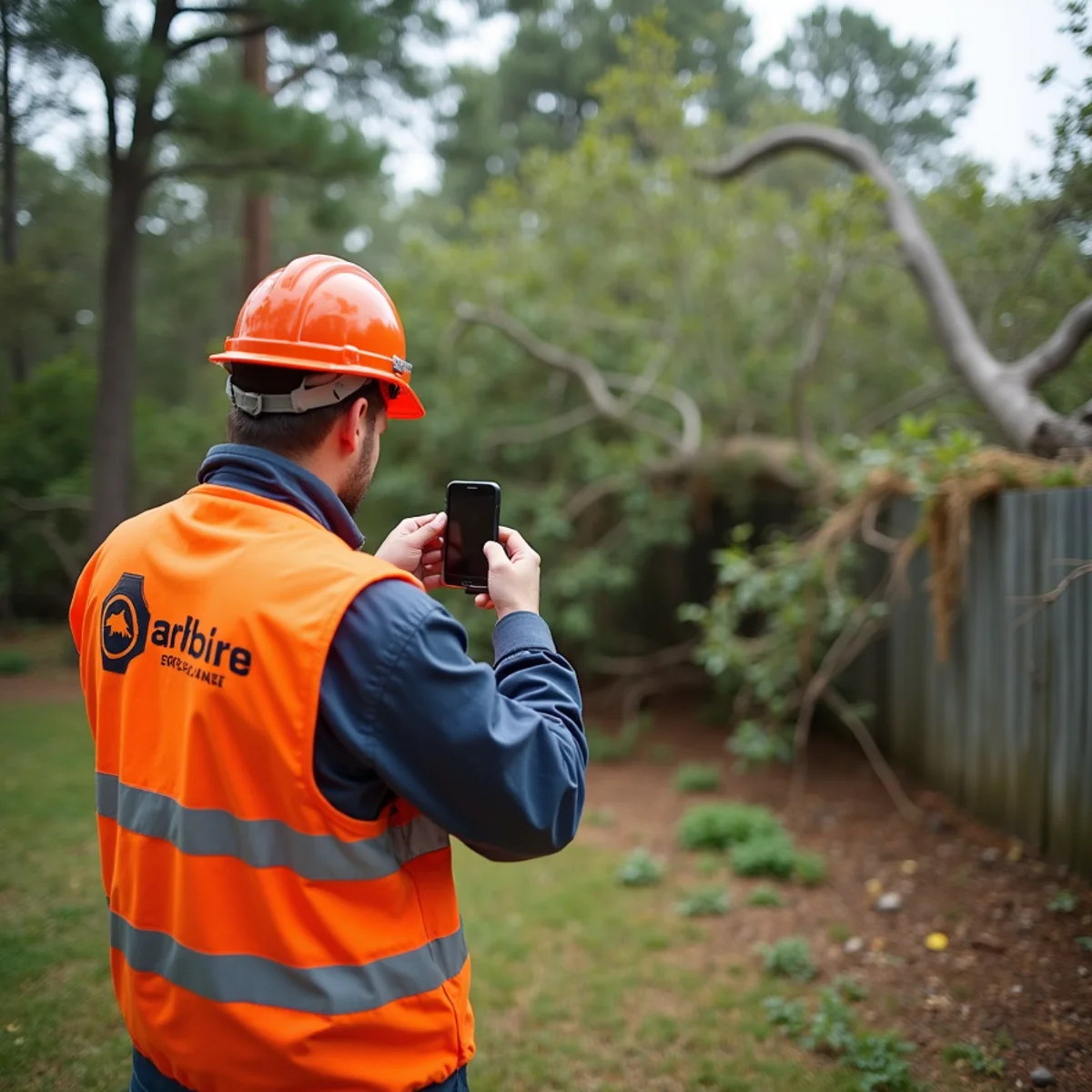 Homeowner photographing a fallen tree on a fence for an insurance claim in Georgia