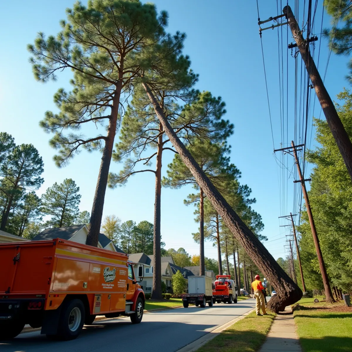 Tall loblolly pines leaning near residential power lines in a North Georgia subdivision
