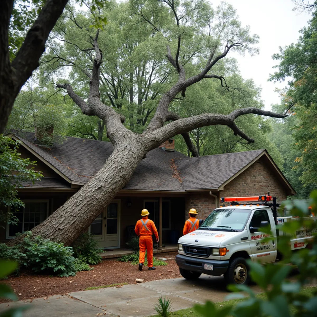 A large oak tree fallen across the roof of an Atlanta home after a storm