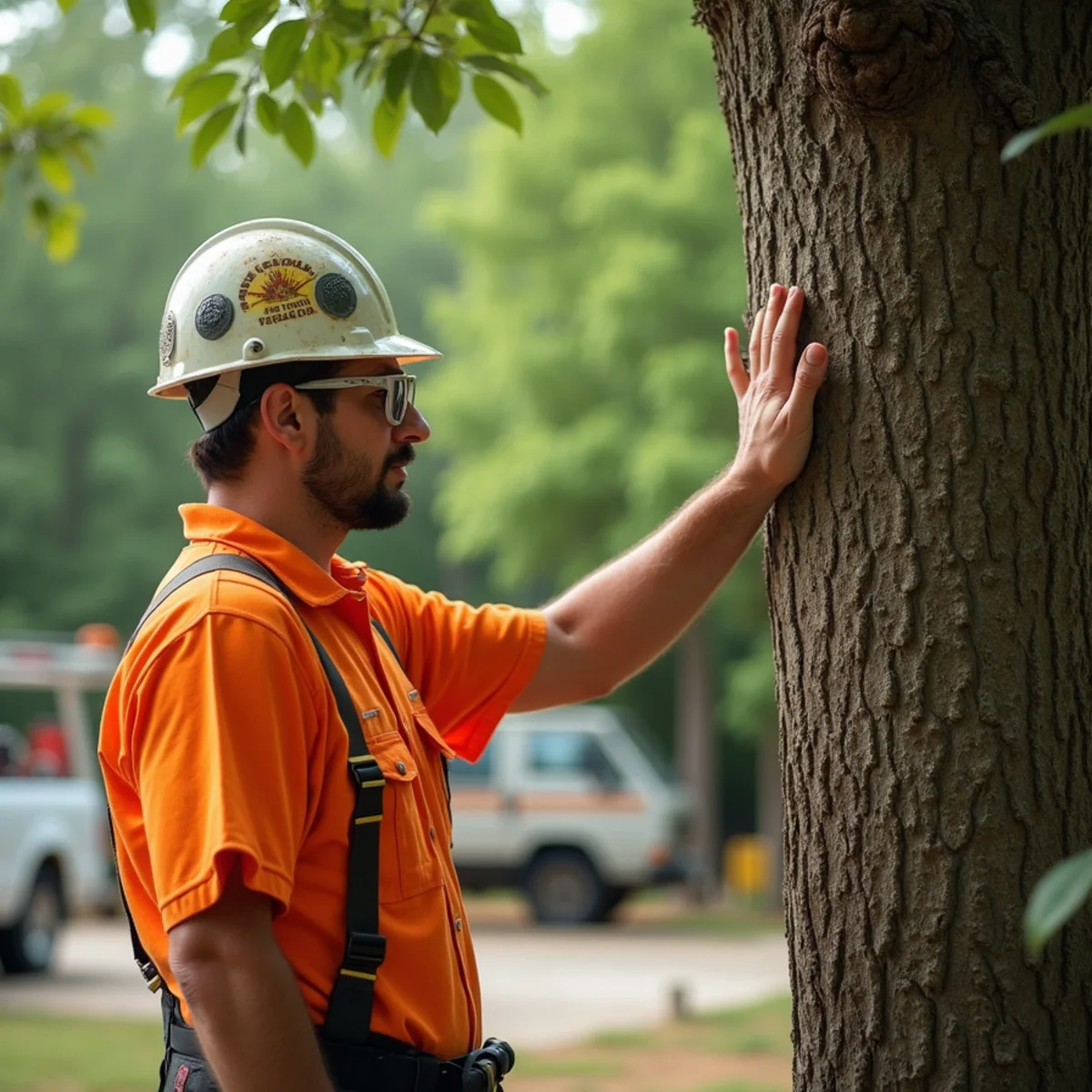 Homeowner inspecting a large tree for hazards before a Georgia storm