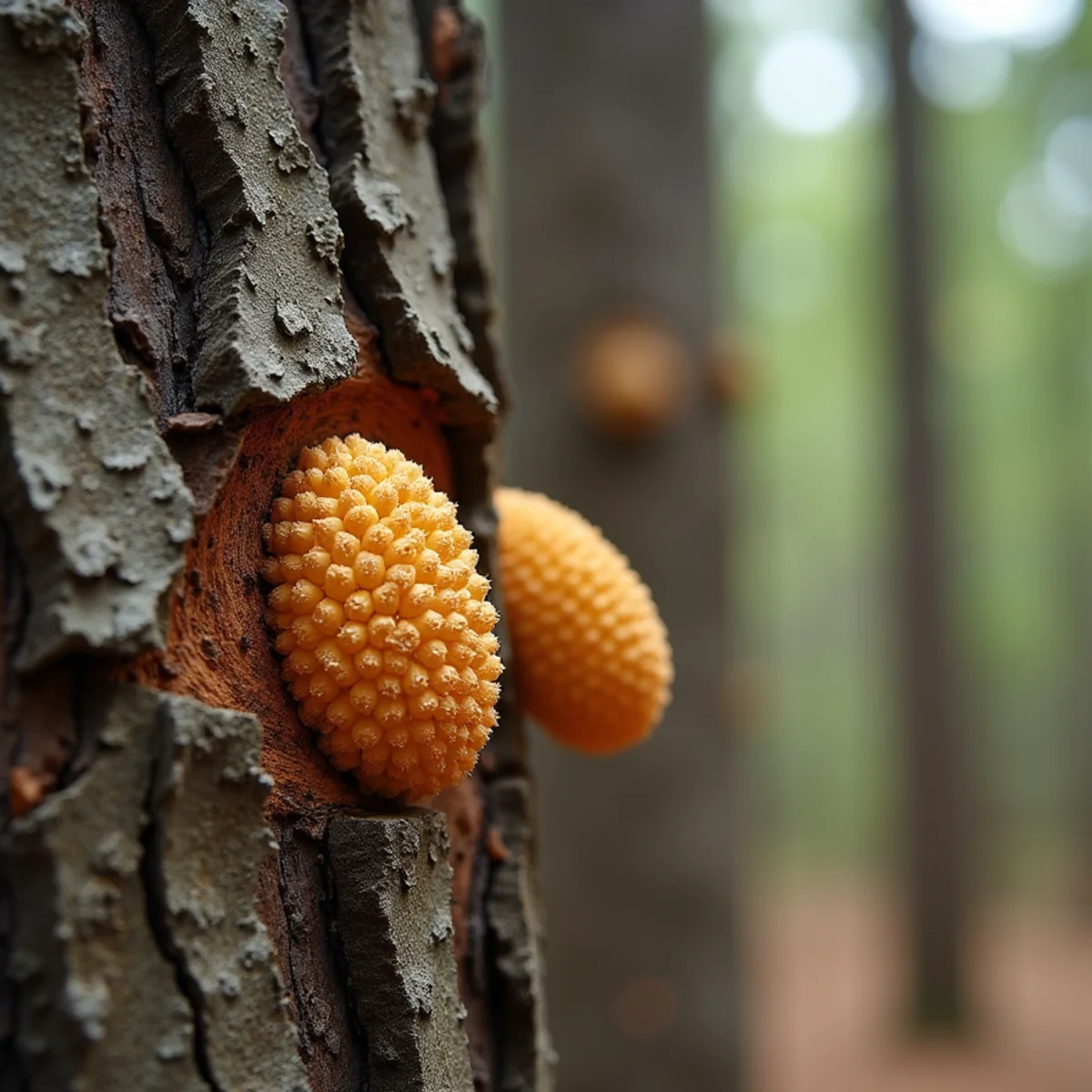 Popcorn-shaped pitch tubes on a pine trunk indicating southern pine beetle in Georgia