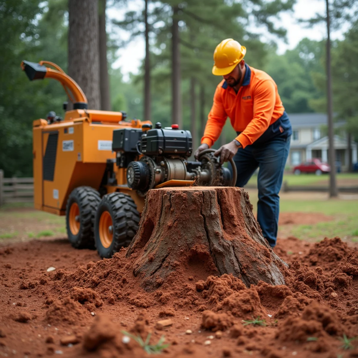 A stump grinder working through a hardwood stump in Georgia red clay soil