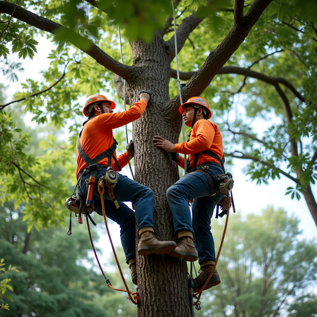 Steel cabling installed high in the canopy of a multi-stem Atlanta hardwood
