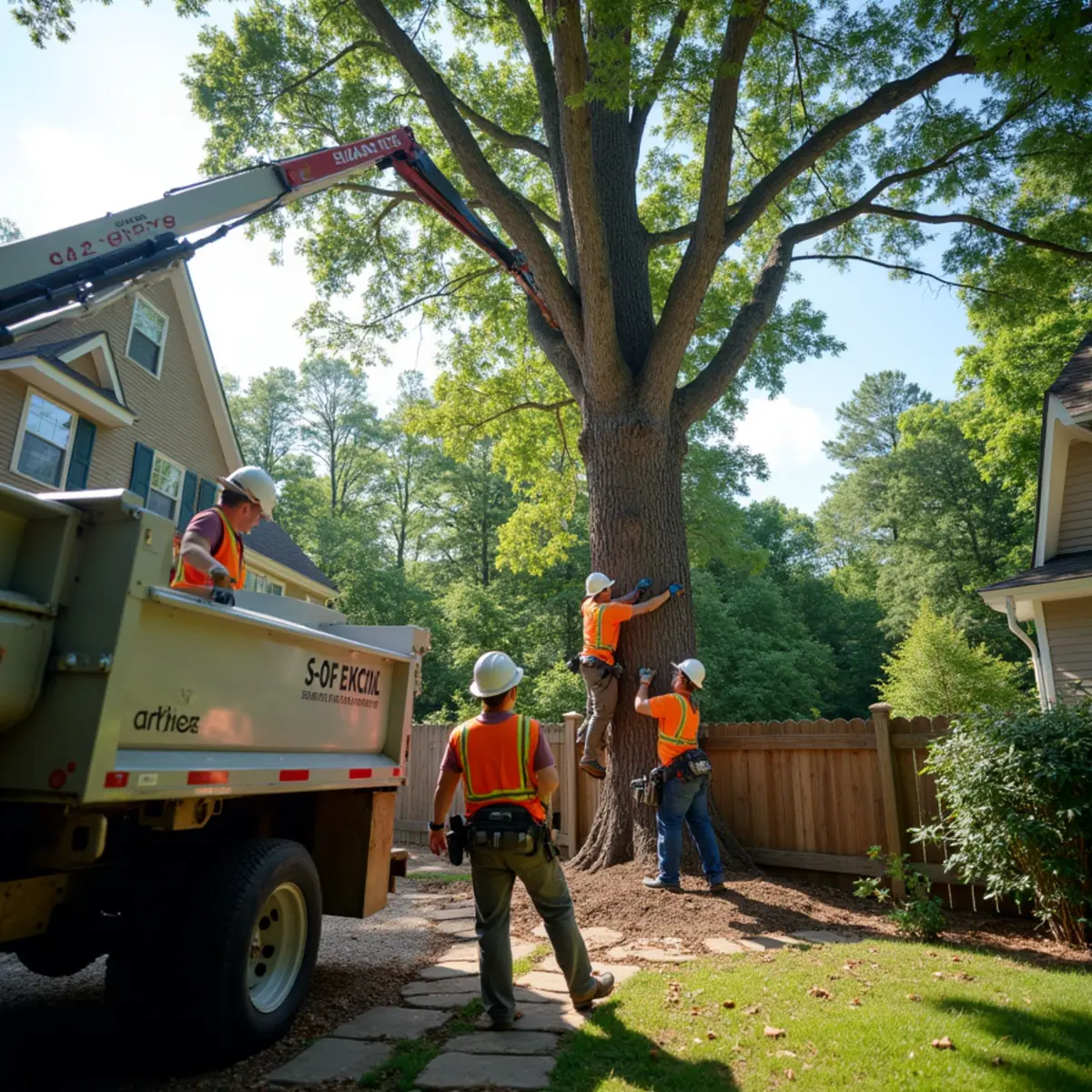 A crew removing a large tree from a metro Atlanta backyard with rigging