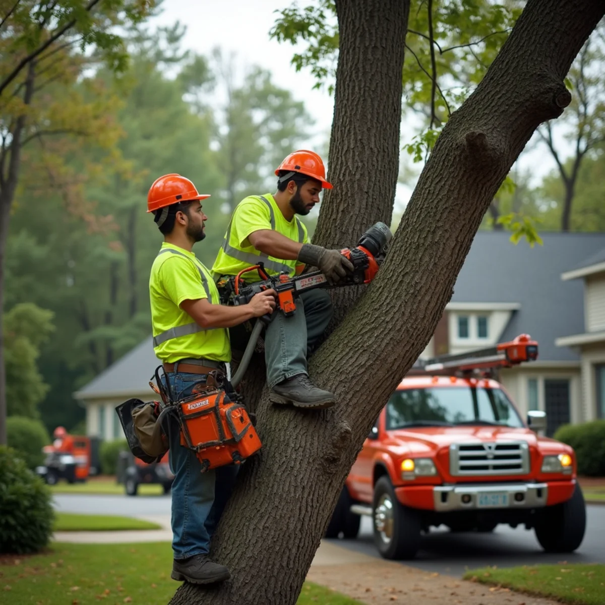 Costeño Tree Services crew maintaining trees at an Atlanta commercial property