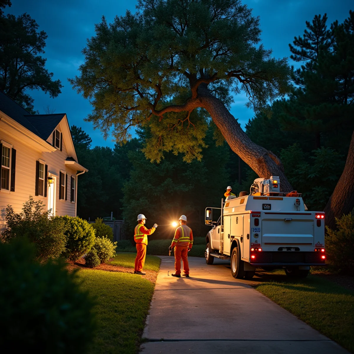 Costeño Tree Services crew responding at night to a storm-felled tree in Atlanta