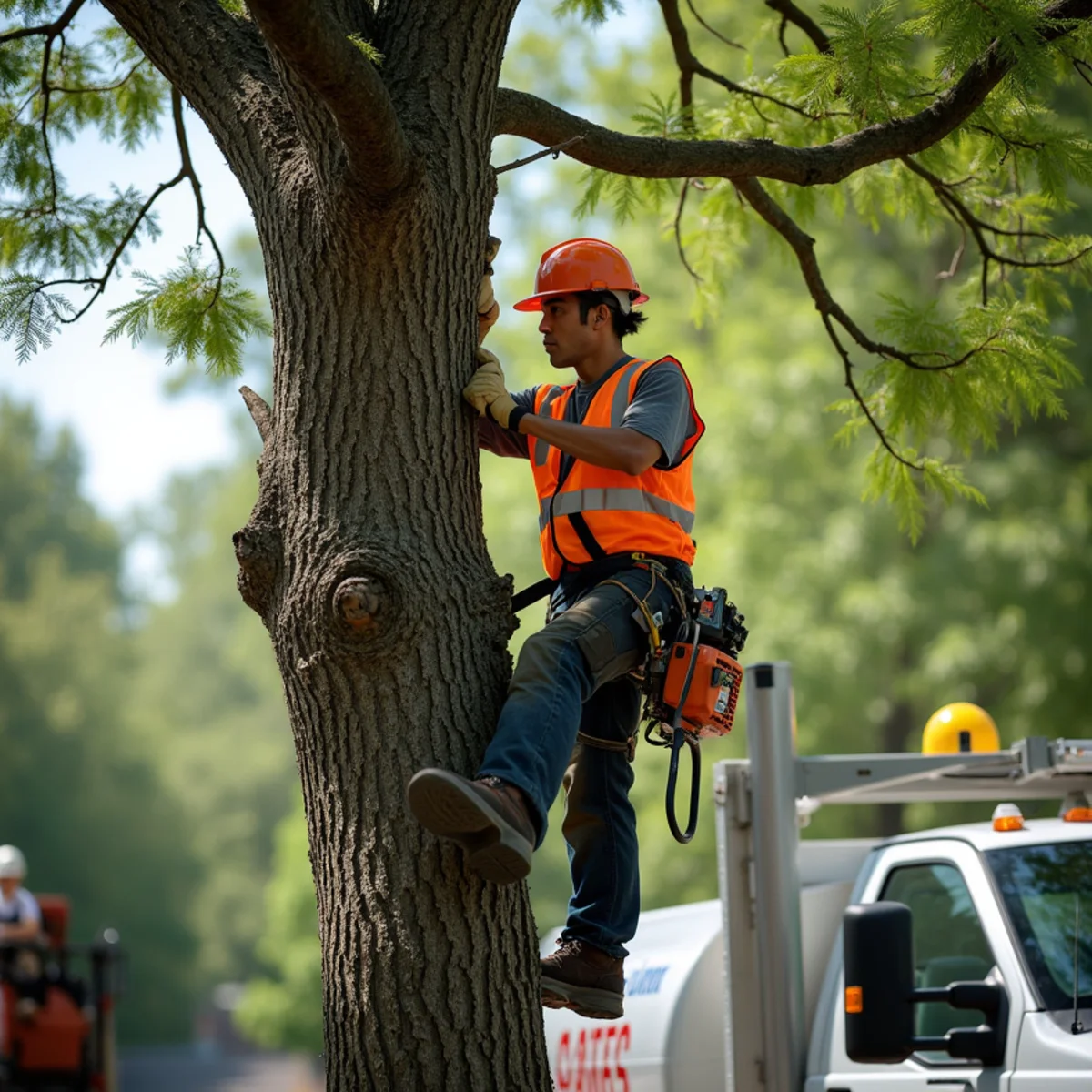 Arborist performing crown thinning on a mature Atlanta hardwood