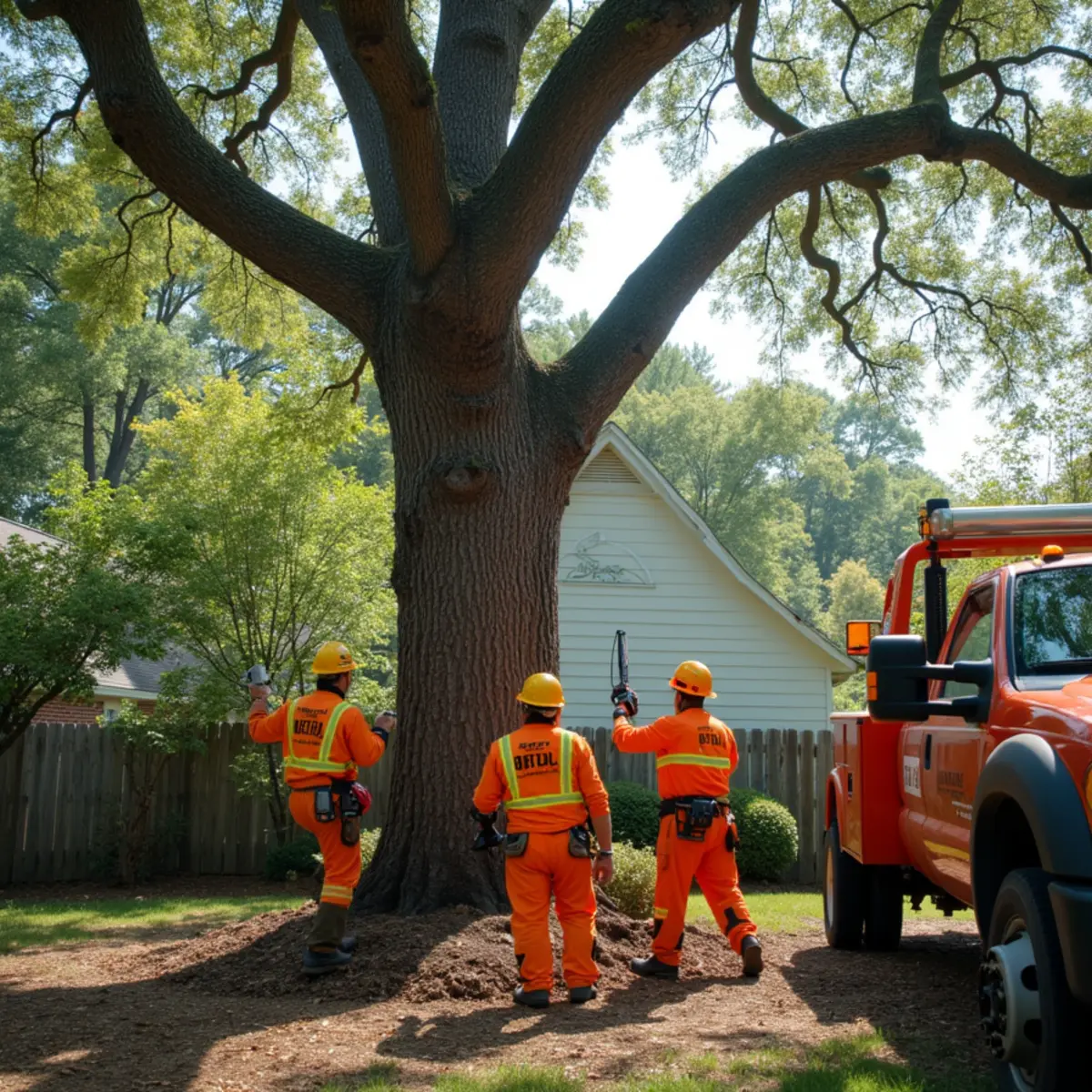 Costeño Tree Services crew removing a large hazardous oak from an Atlanta backyard