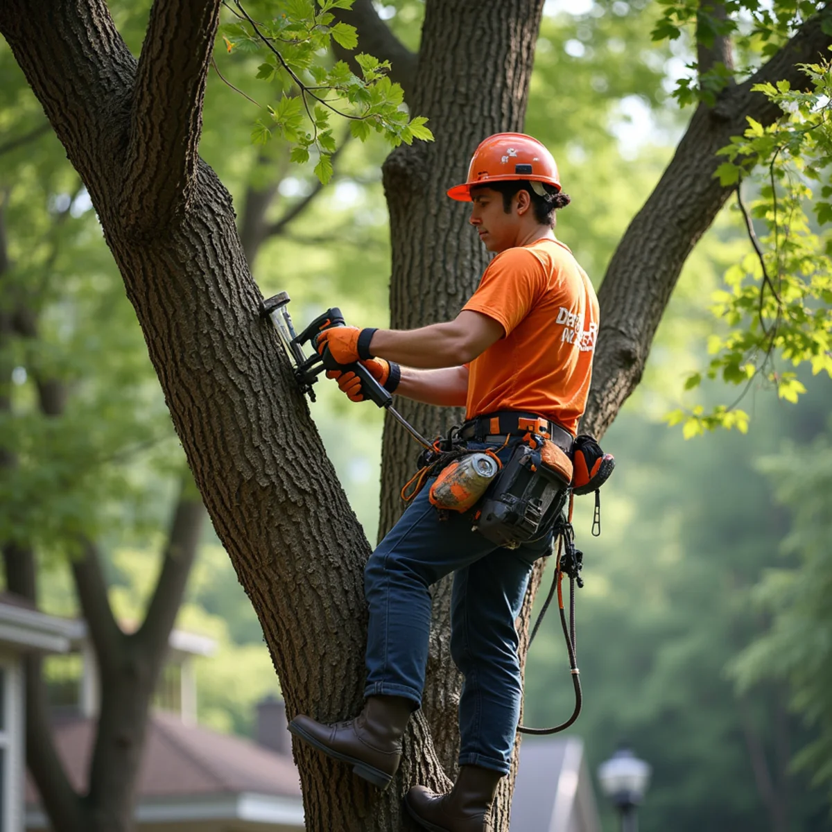 Arborist trimming and shaping a hardwood canopy over an Atlanta home